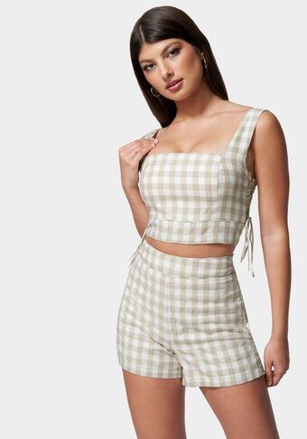 Bebe Gingham cropped lace up detail top oferta