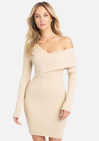 Bebe Asymmetrical off shoulder sweater dress oferta