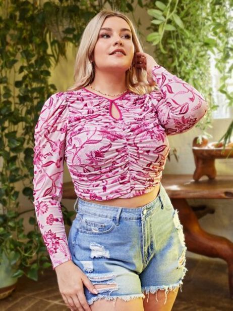 SHEIN Shein top de cuello con abertura de ojo floral fruncido de malla oferta