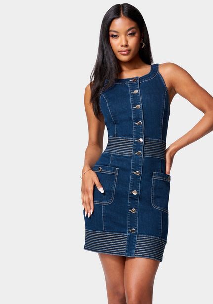 Bebe Button front jewel neck denim dress oferta
