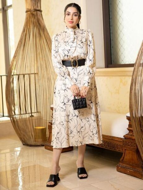 SHEIN Motf premium vestido de cuello con cordón floral sin cinturón oferta