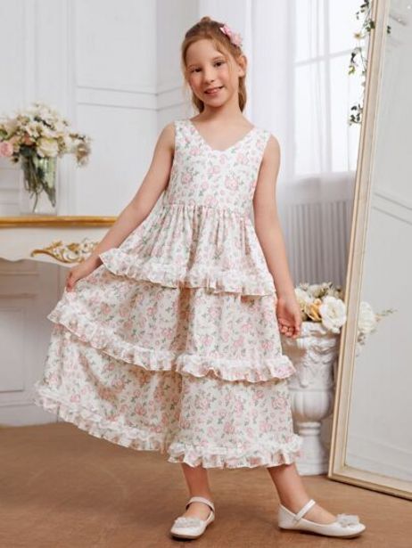 SHEIN Shein niñas vestido con estampado floral con encaje en contraste bajo a capas oferta