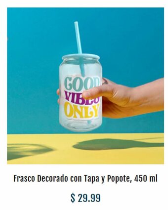 Frasco Decorado con Tapa y Popote, 450 ml