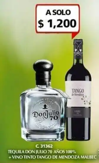Don Julio Tequila 70 años 100% + Vino Tinto Tango de Mendoza Malbec