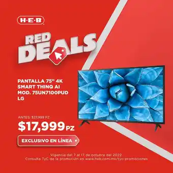 HEB LG Pantalla 75" 4K Smart ThinQ AI MOD. 75UN7100PUD oferta