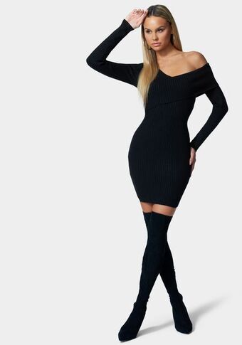 Bebe Asymmetrical off shoulder sweater dress oferta