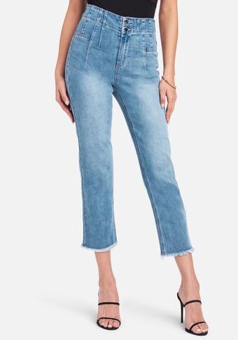 Bebe High rise front pleating straight leg jeans oferta