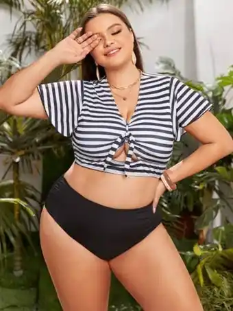 SHEIN Bañador bikini de rayas con nudo delantero de talle alto con manga corta oferta