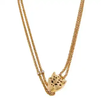 Nacional Monte de Piedad Gargantilla dos hilos eslabón tejido con diamantes, colgante motivo felino, sintéticos y esmalte en oro amarillo 18 kilates. oferta