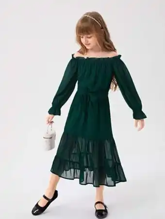 SHEIN Shein niñas vestido de hombros descubiertos bajo con fruncido con cinturón de gasa oferta