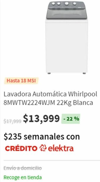 Lavadora Automática Whirlpool 8MWTW2224WJM 22kg Blanca