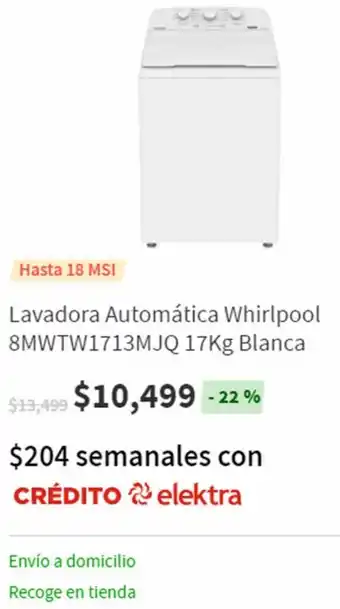 Elektra Lavadora Automática Whirlpool 8MWTW1713MJQ 17kg Blanca oferta