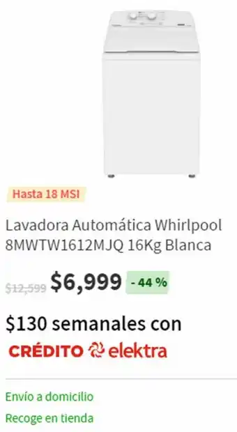 Elektra Lavadora Automática Whirlpool 8MWTW1612MJQ 16kg Blanca oferta