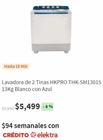 Elektra Lavadora de 2 TInas HKPRO THK-SM13015 13kg Blanco con Azul oferta