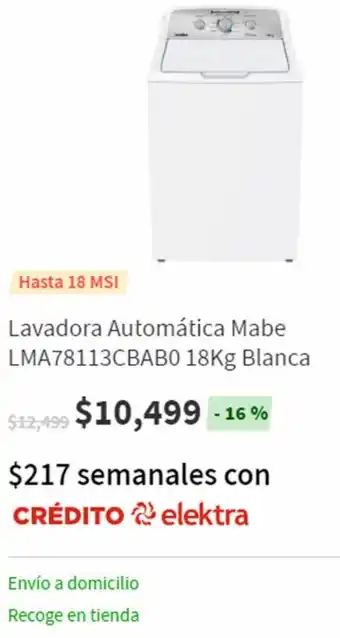 Elektra Lavadora Automática Mabe LMA78113BAB0 18kg Blanca oferta