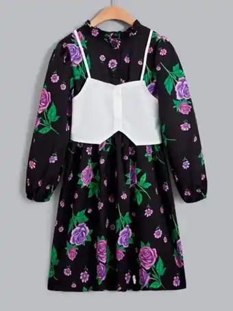 Niñas vestido floral fruncido de manga obispo con top de tirantes