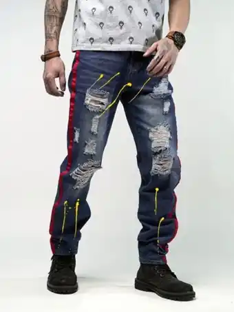 SHEIN Romwe hombres jeans desgarro con cinta en contraste oferta