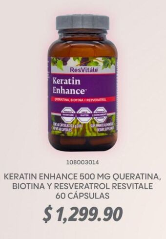 Keratin enhance 500 mg queratina, biotina y resveratrol resvitale 60 cápsulas