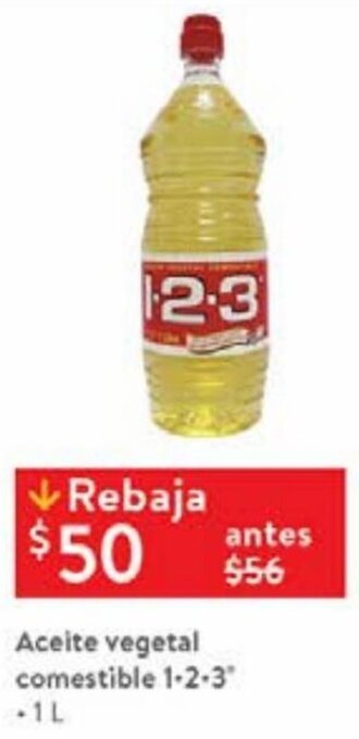 Walmart Aceite Vegetal Comestible 1-2-3" 1L oferta