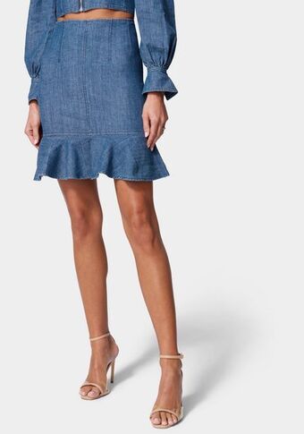 Multi dart denim flared skirt