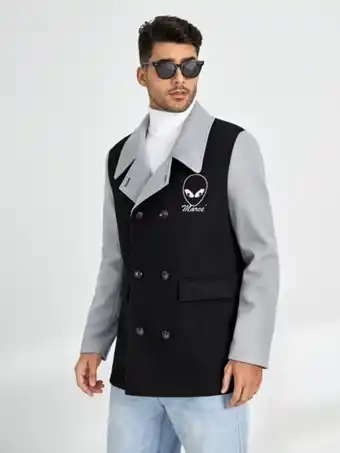 Shein x alienated hombres abrigo con estampado de letra con diseño de solapa de doble botonadura