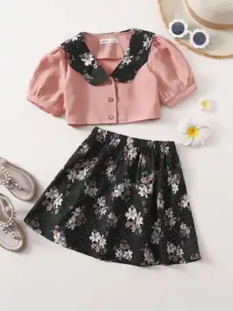 SHEIN Shein conjunto camiseta de cuello bobo de manga farol con falda floral oferta