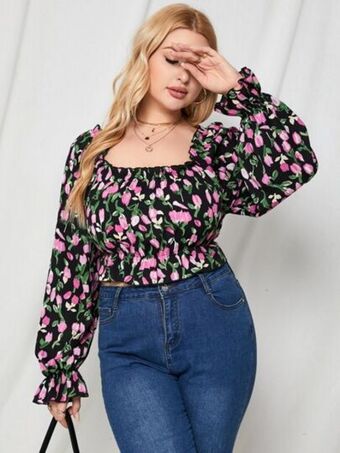 SHEIN Blusa peplum con estampado floral de manga con volante oferta