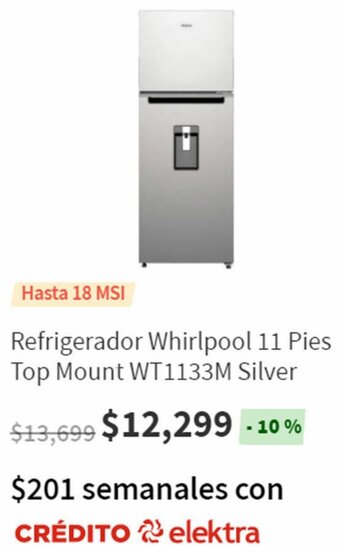 Elektra Refrigerador Whirlpool 11 Pies Top Mount WT1133M Silver oferta