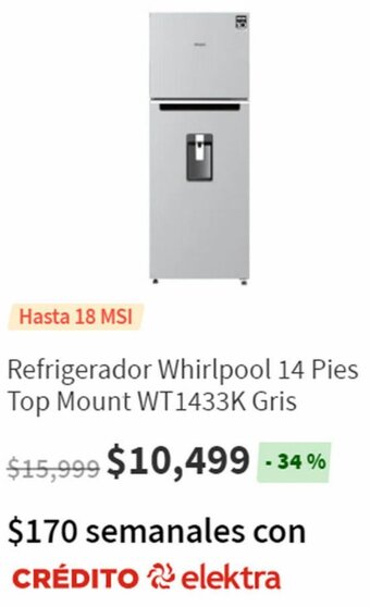Elektra Refrigerador Whirlpool 14 Pies Top Mount WT1433K Gris oferta