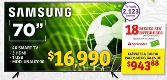 Soriana Híper Samsung 4K Smart TV 70" oferta
