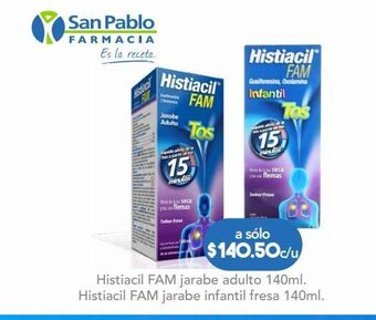 Farmacia San Pablo Histiacil fam infantil para tos seca y con flemas jarabe sabor fresa 140 ml oferta