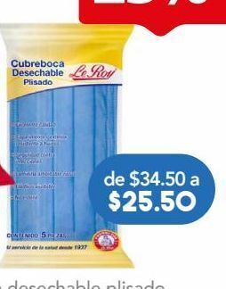 Le roy cubreboca desechable plisado azul 5 piezas