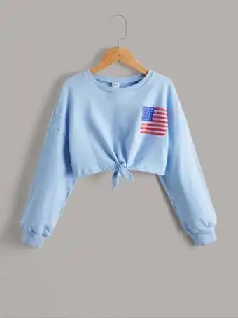 Shein niñas pullover corto con estampado de bandera bajo con nudo
