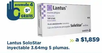 Farmacia San Pablo Lantus solostar inyectable 3.64mg 5 plumas. oferta