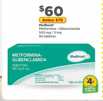 Bodega Aurrerá Metformina-glibenclamida 500mg/5mg 60 tabletas oferta