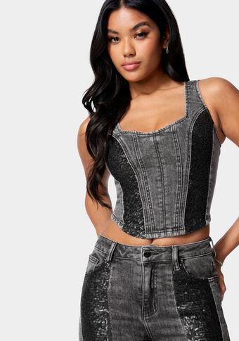 Bebe Sequin trim denim bustier top oferta