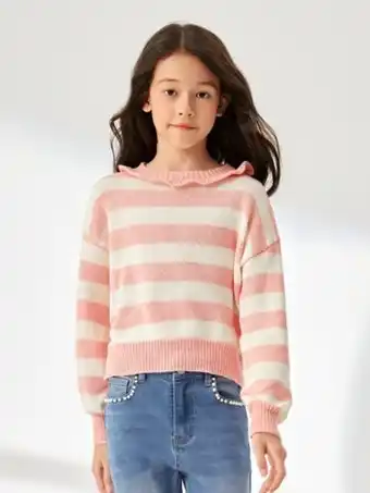 SHEIN Shein niñas jersey con patrón de rayas ribete con fruncido de hombros caídos oferta