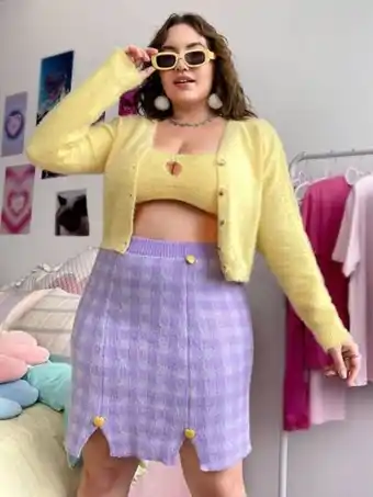 SHEIN Falda de punto con patrón de guingán con diseño de botón bajo con abertura oferta