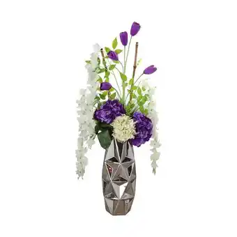 Mueblería Villarreal Jarron plateado con flores hortencia morada oferta