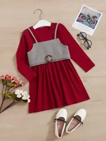 SHEIN Niñitas manga larga vestido & de pata de gallo con cinturón top de tirantes oferta