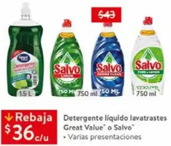 Walmart Detergente Líquido Lavatrastes Great Value o Salvo oferta