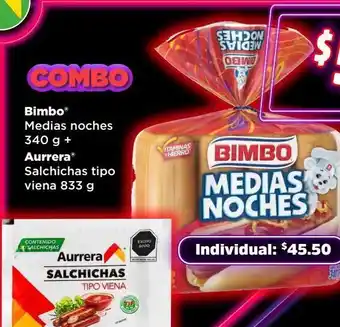 Bodega Aurrerá Combo bimbo medias noches 340 g + aurrera salchichas tipo viena 833 g oferta