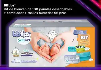 Bodega Aurrerá Bbtips kit de bienvenida 100 pañales desechables + cambiador + toallas húmedas 66 pzas oferta