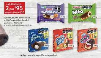 Walmart Surtido de Pan Bimbolunch o Nito o Variedad de Mini Pastelitos Marinela 354g,248g,200g,224g,192g oferta