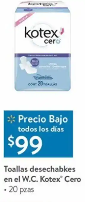Walmart Toallas Desechabkes en el W.C. Kotex Cero 20pzas oferta