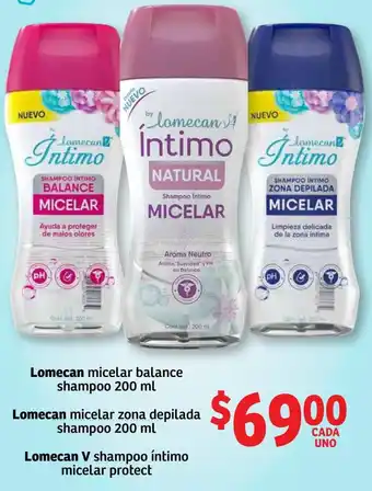 Soriana Express Lomecan Micelar Balance Shampoo 200ml, Lomecan Miclear Zona Depilada Shampoo 200ml, Lomecan V Shampoo Íntimo Miclear Protect oferta