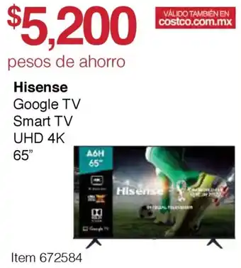 Costco Hisense Google TV Smart TV UHD 4K 65" oferta