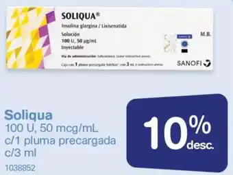 Farmacias Benavides Soliqua 100 U, 50 mcg/ml c/1 Pluma Precargada c/3ml oferta