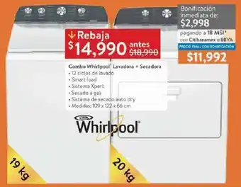 Walmart COmbo Whirlpool Lavadora Secadora 19kg,20kg oferta