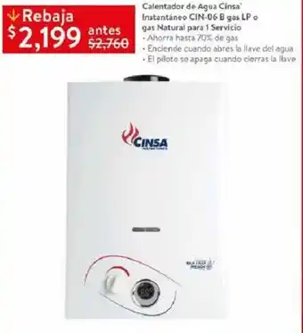 Walmart Calentador de Agua Cinsa Instantánco CIN-06B Gas LP o Gas Natural para 1 Dervicio oferta